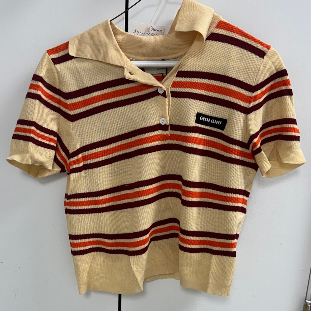 Miu Miu Cream and Red Striped Polo